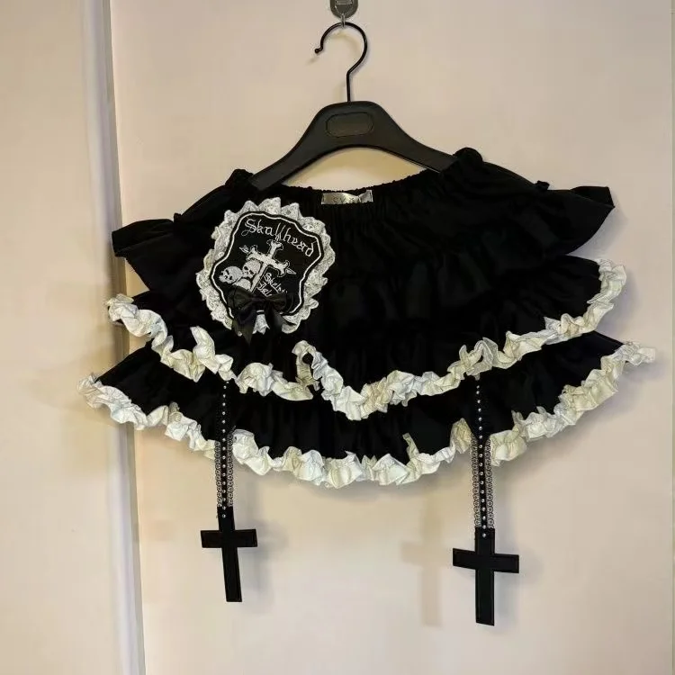 Y2k Rok Pendek Hitam Putih Punk Gotik Rok Kue Ruffle Polka Dot Gelap Cewek Seksi Wanita Rok Renda Lolita Chic Manis Wanita