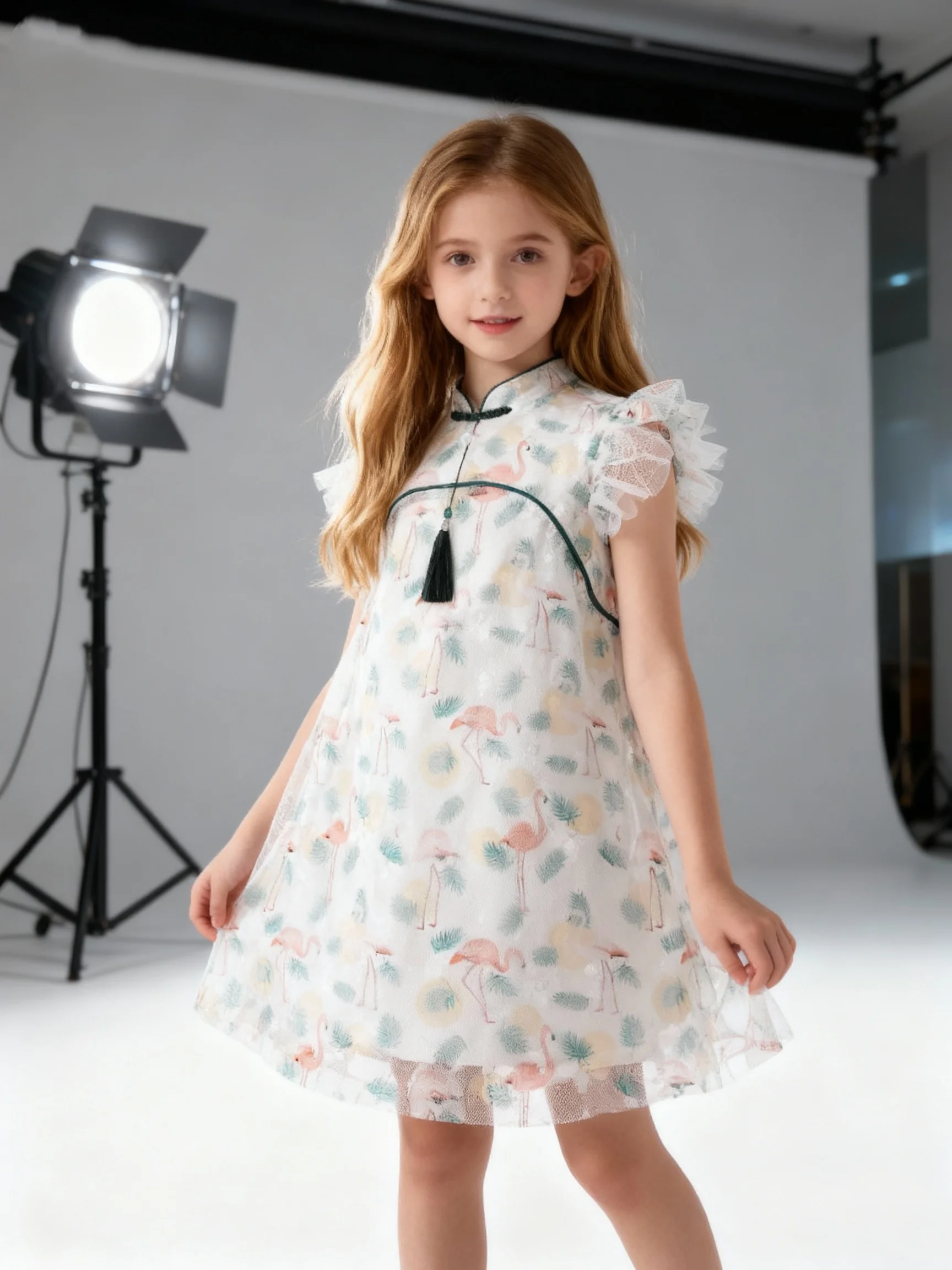 

Летнее улучшенное платье Cheongsam без рукавов в китайском стиле с круглым вырезом и принтом, повседневное платье с кисточками для девочек