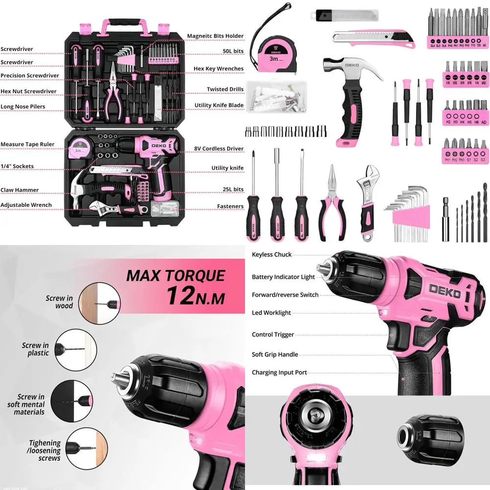 

Набор инструментов, набор для дома с розовой аккумуляторной дрелью 8В, набор ручных инструментов для женщин, 126 предметов