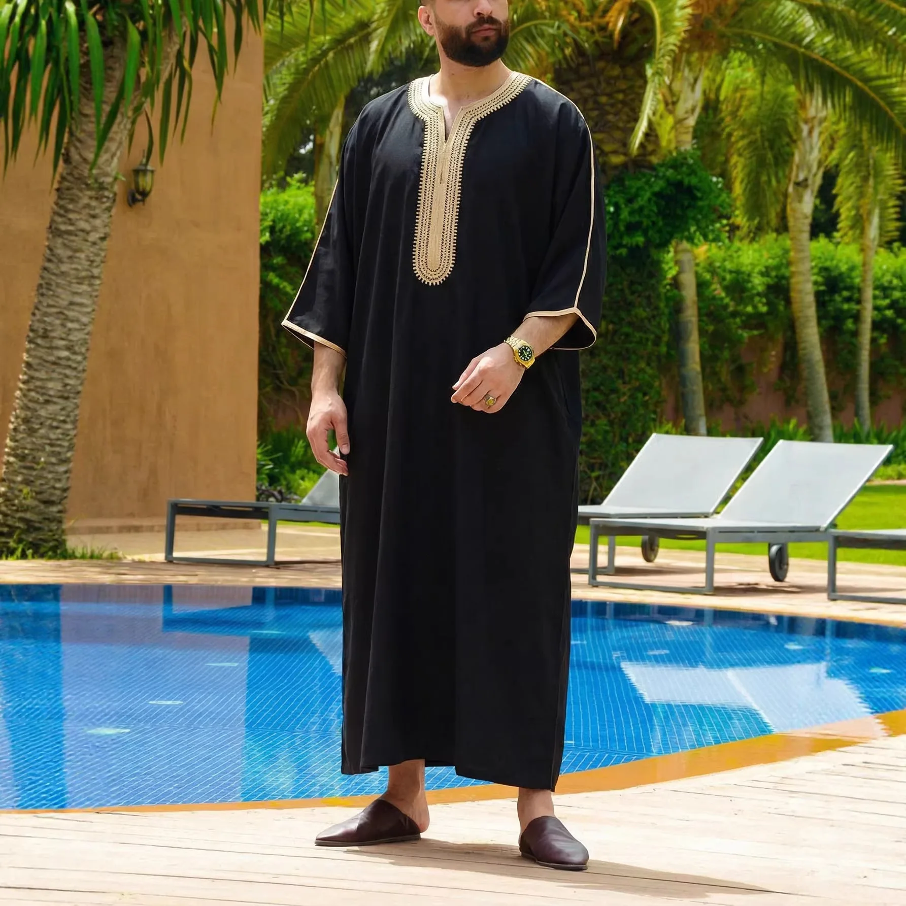 

Мужская мусульманская роба с рукавами три четверти, вышитая в марокканском стиле, арабская мужская одежда, роскошная исламская элегантная одежда из Дубая