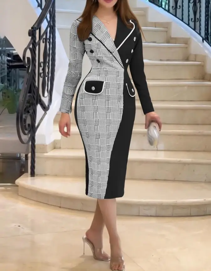 

Womens Dresses New Contrast Paneled Plaid Print Patchwork Notched Collar Slit Work Dress Zipper Back Flap Detail Bodycon Dress