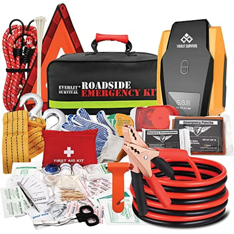 Survival Car Emergency Kit Roadside Safety Tool Kit with Gloves Digital Auto Air Compressor Tire Inflator First Aid Kit 12 Feet