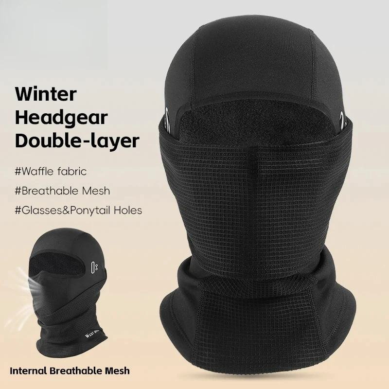 

Winter motorcycle and bicycle face mask, Waffle brushed fabric for warmth, cycling helmet with glasses holes and ponytail holes