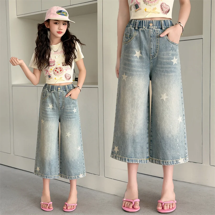 Fashion Summer Children Loose Straight Wide Leg Cropped Jeans with Star Print for Teenage Girl Stylish Street Capris Denim Pants