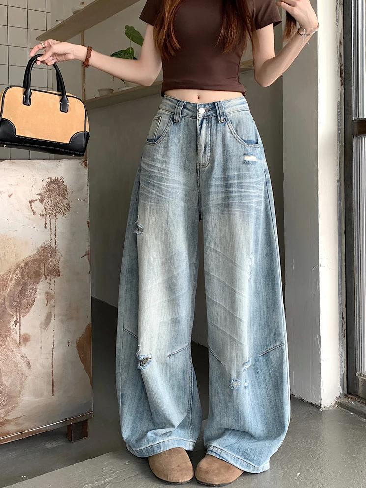 

American Style High Waist Wide Leg Jeans Women's Summer Vintage Washed Straight Cut Trousers Blue Denim Casual Pants
