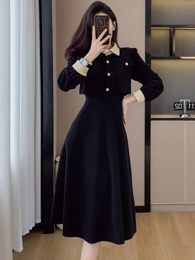 Women\'s Elegant Midi Dress Long Sleeve Fake Two Piece Set High Waist Dresses Korean Vintage Patchwork Fashion Spring Autumn New