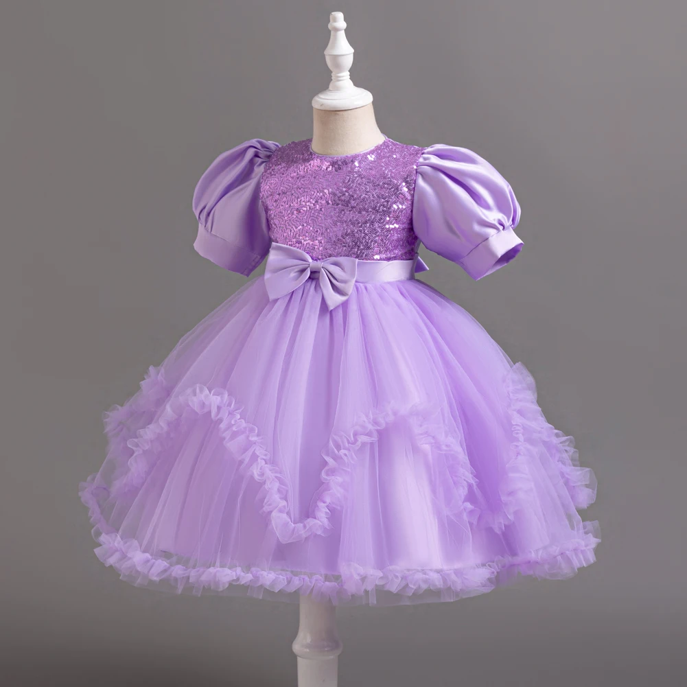 Purple Girls Dress Knee-length Bubble Sleeve Sequin Lace Bow Dress Holiday Party Piano Show Performance Dress 2-10 year old girl