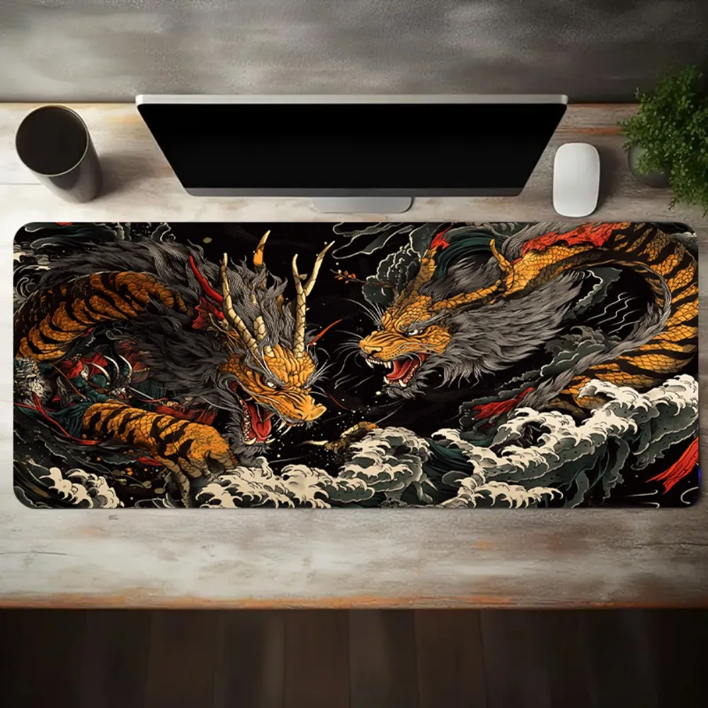 Tapis de souris antidérapant et lavable avec motif d'illustration de style campagnard représentant des dragons et des tigres en combat, fond en caoutchouc