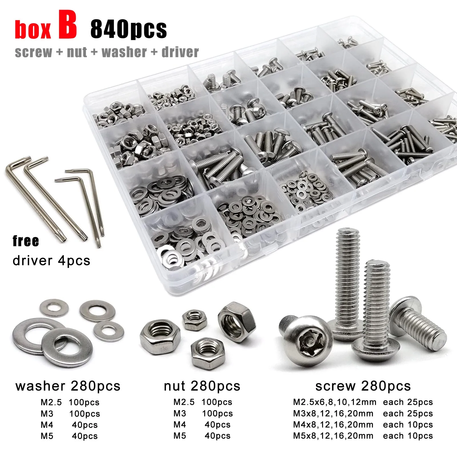 270/840pcs M2.5 M3 M4 M5 304 Stainless Steel Torx Button Round Head with Column Pin Tamper Proof Security Screw Bolt Key Set Kit