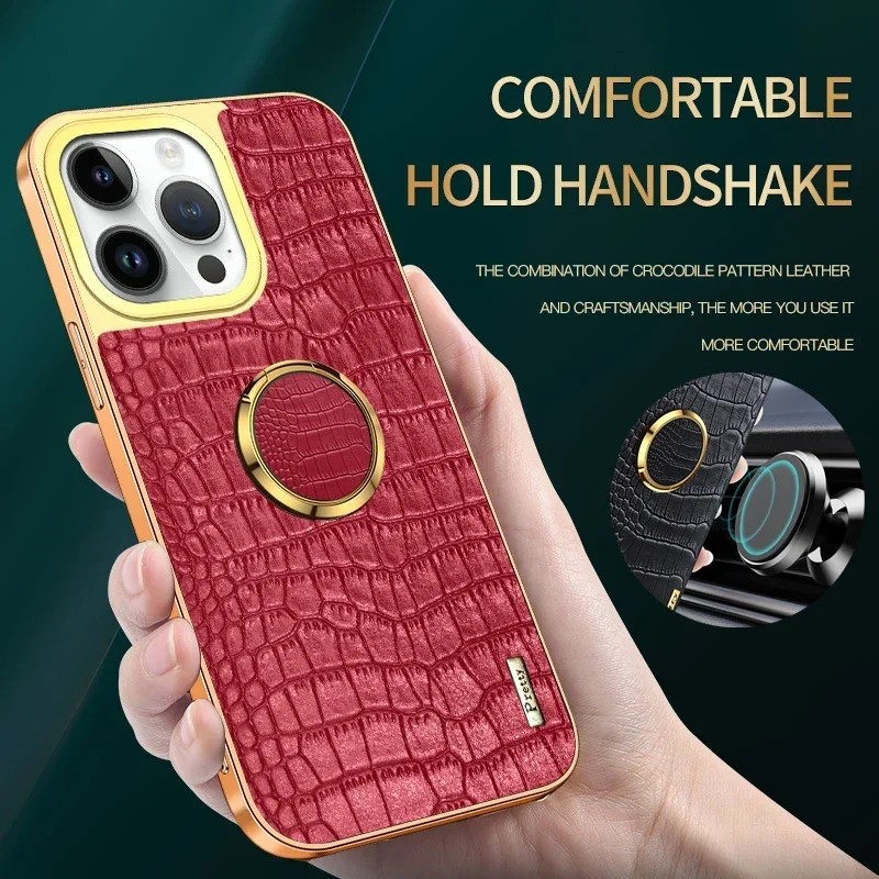 For IPhone 16 Pro Max 16E Crocodile PU Leather Soft Case Shockproof Magnetic Kickstand Ring Holder Silicone Cover Phone Cases