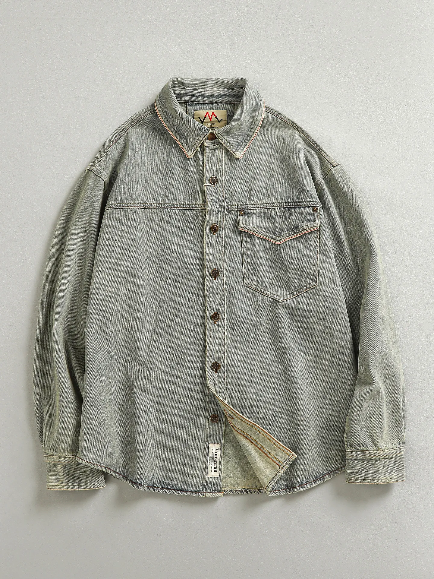 

2026 Spring New Japanese Vintage Heavyweight Turn-down Collar Washed Denim Shirt Men's 100% Cotton Single-row Buckle Casual Coat