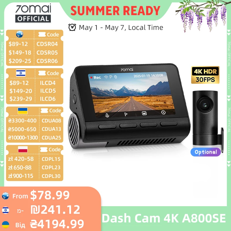 70mai Dash Cam 4K A800SE UHD Support Dual-Channel 24H Parking HDR
