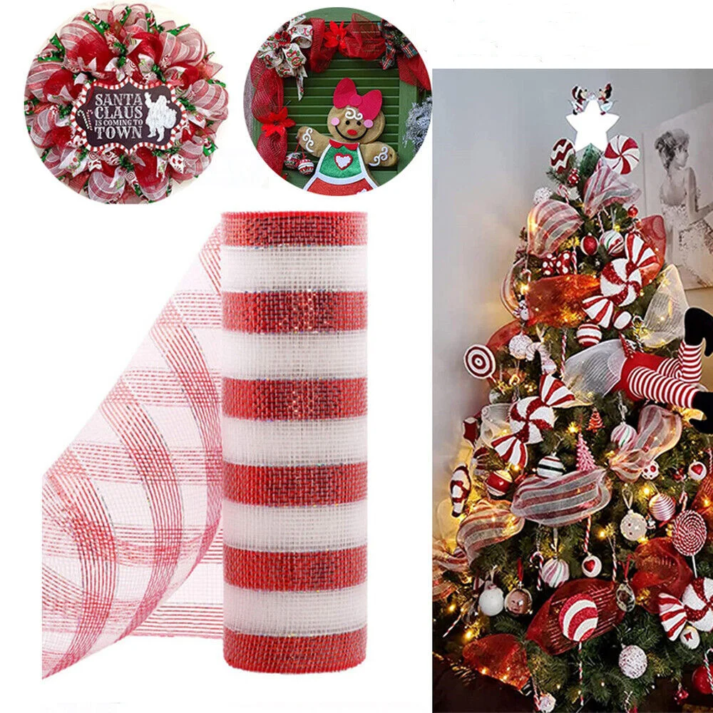 26cmx10 Yard DIY Red & White Candy Cane Decoration Handmade Christmas Wreath Tree Stripes Mesh Meterial Making Xmas Ornament