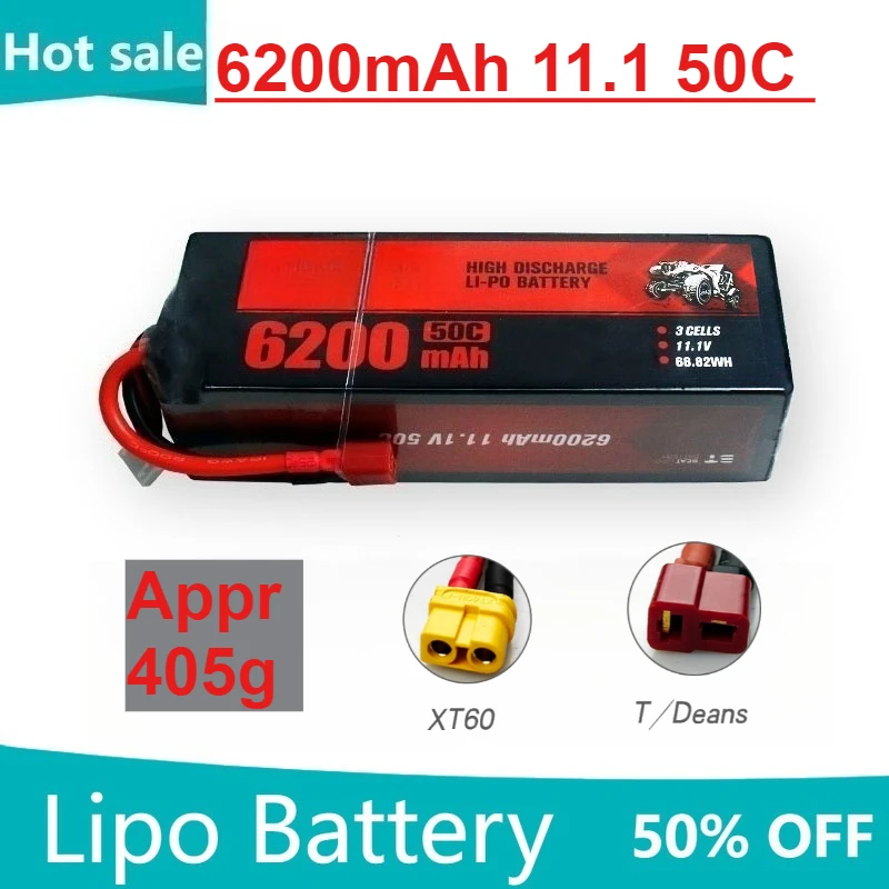 

Large Capacity 6200mAh 11.1 3S 50C Rechargeable Lipo Battery Connector for RC Drones FPV Toy Car Model Aircraft Battery
