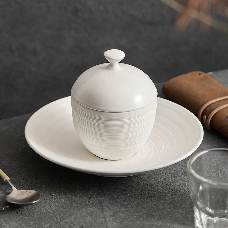 Striped Ceramic Soup Stew Bowl, Household Covered Soup Bowl, Hotel Tableware Bird's Nest Soup Pot, Kitchen Bar Counter Supplies