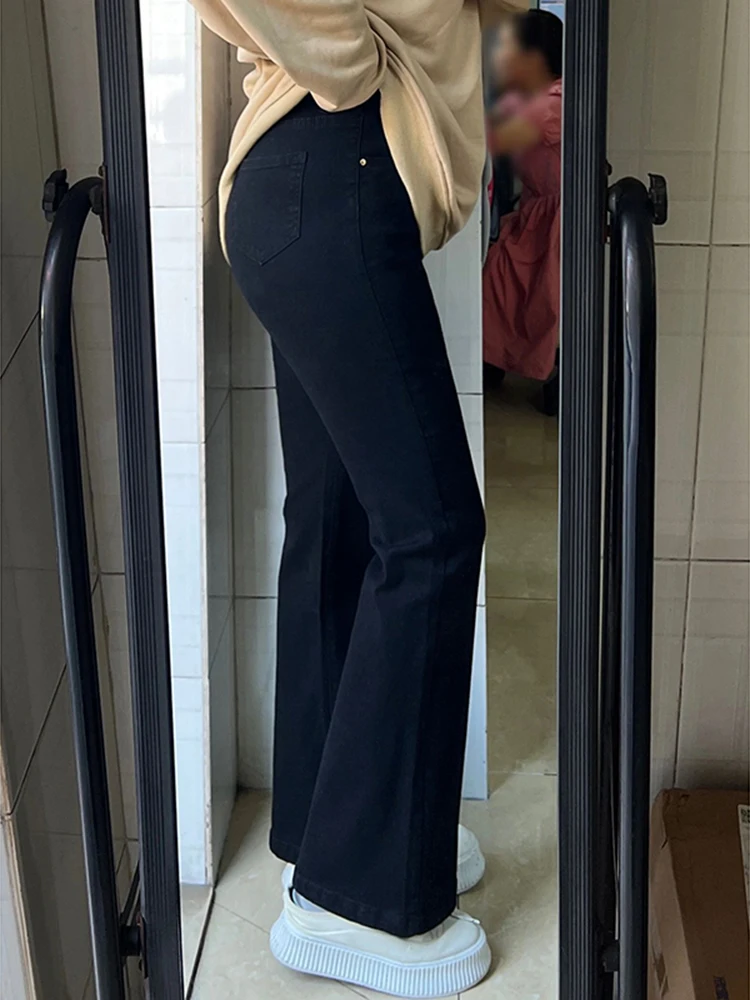 

Женские джинсы больших размеров с расклешенными штанинами, высокой талией, на флисовой подкладке, осенне-зимние, прямые брюки, утягивающие брюки для фигуры типа «груша»