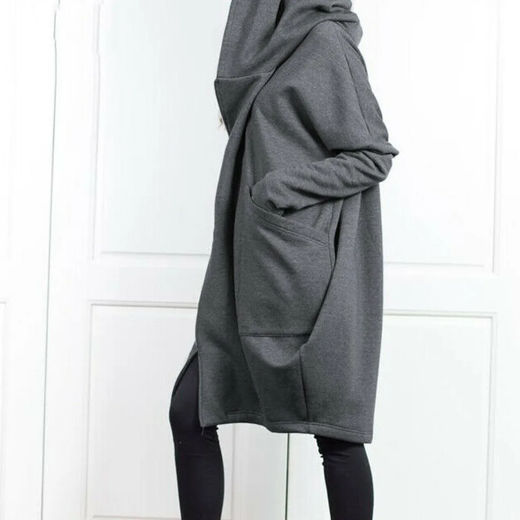 Damen-Kapuzenpullover mit Taschen, Reißverschluss, mittellanger, lockerer Mantel, zweiteiliger Look, lässige Oberbekleidung – Detail 6