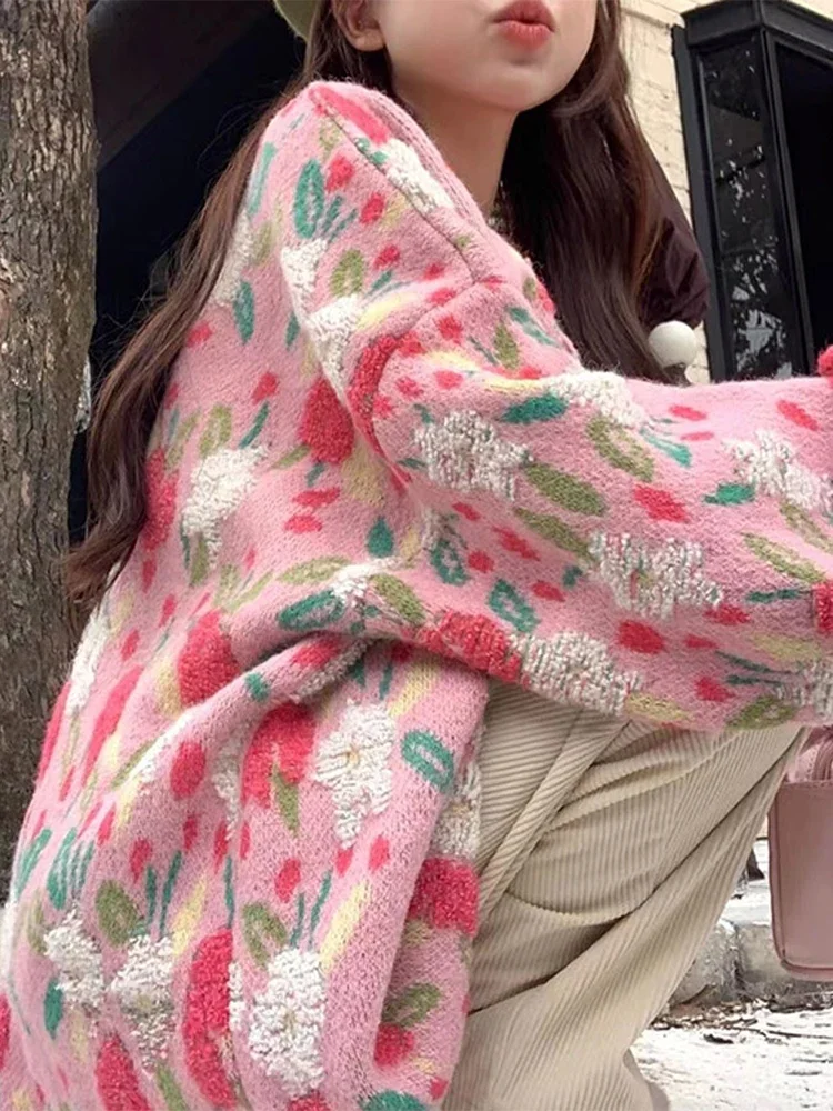 

Sweet Floral Print Knit Cardigan Women Loose Single Breasted Sweater Female 2025 Autumn Chic Long Sleeves Lazy Knitwears Lady