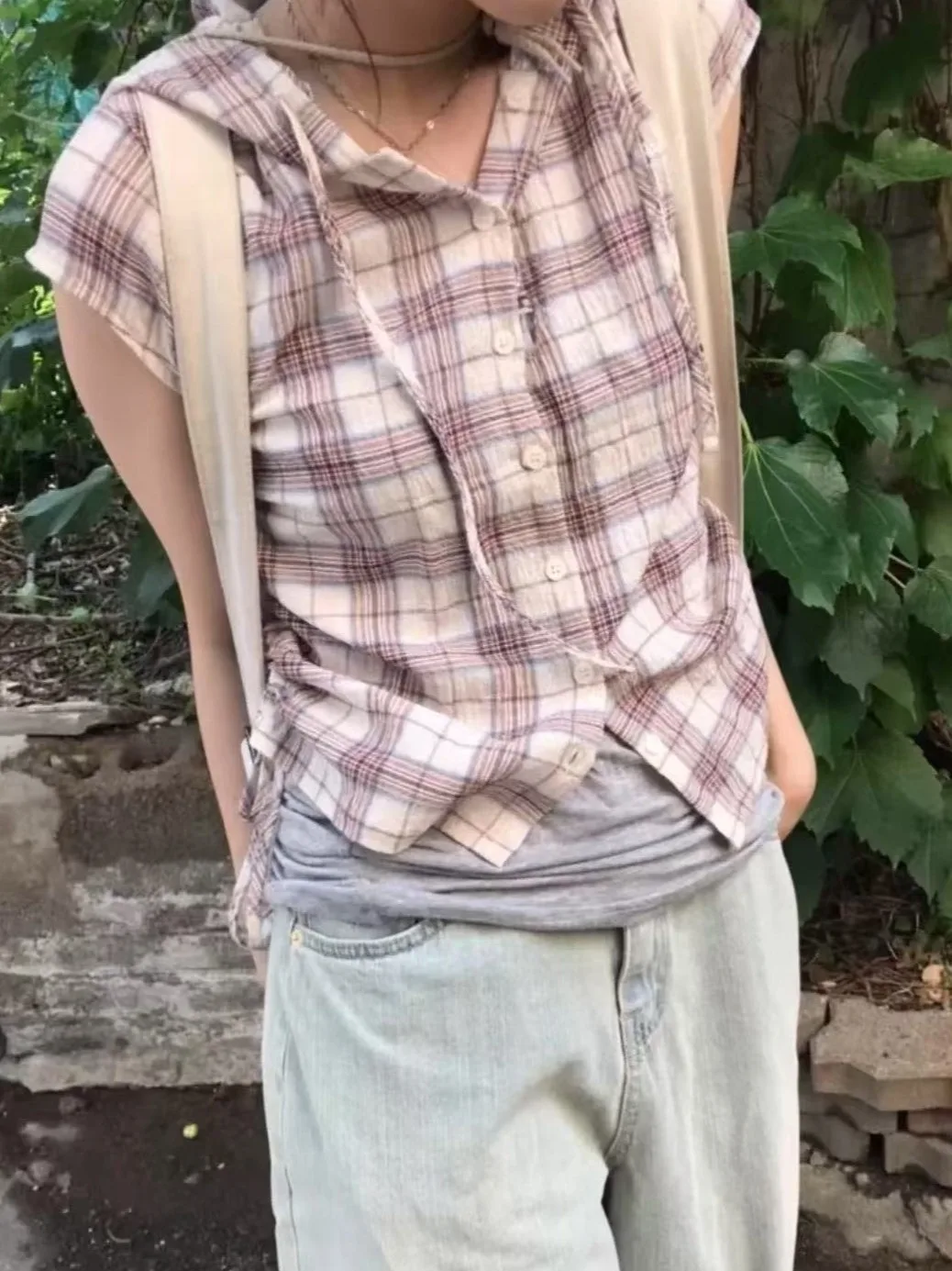 Chic Summer Commute Casual Shirt Short Sleeve Pleated Button up Plaid Hooded Top Women's Slim Fit Fashion Korean Style Top