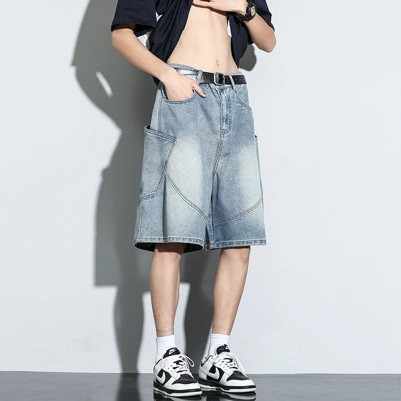 Celana Pendek Denim Longgar Baru Musim Panas Jeans Harajuku Lurus Kasual Fashion Celana Pendek Serut Cuci Antik Pria Pakaian Jalanan
