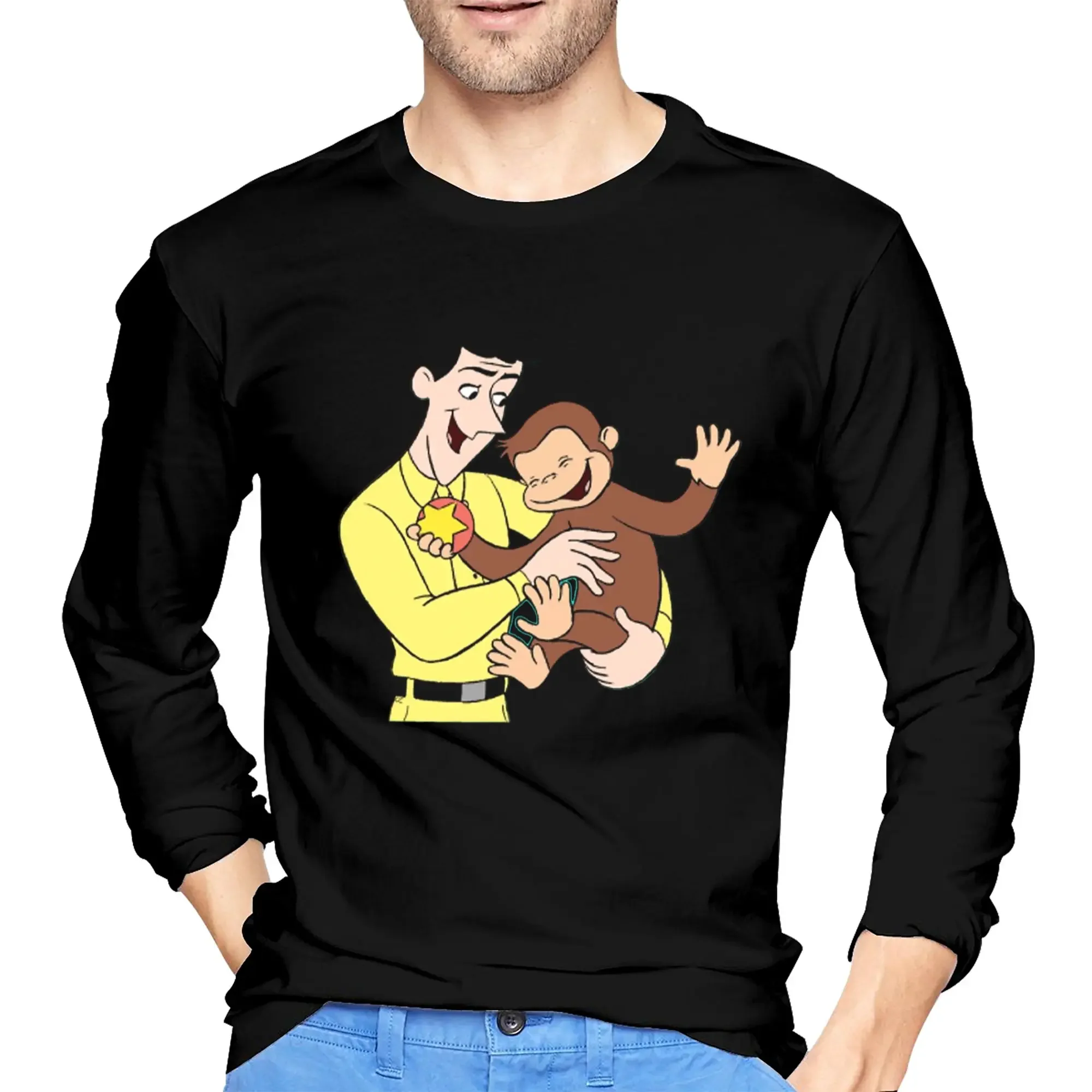 

Curious George Men's Long Sleeved T-shirt Fashion Round Neck T shirts Spring and Autumn Men tops