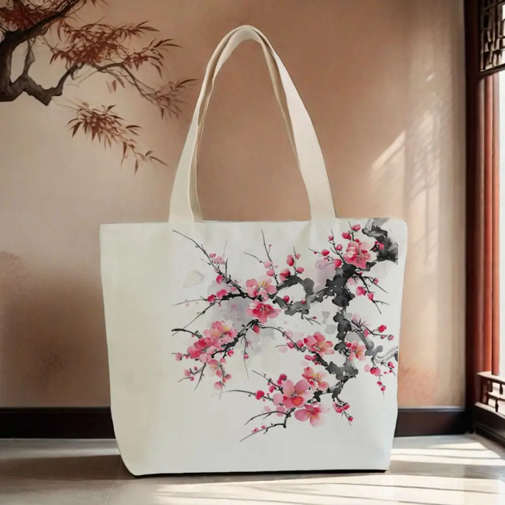 

Vintage Chinese Style Lotus Flower Bag Casual Canvas Lotus Flower Tote Bag Shopping Travel Women Shoulder Bag Handbag