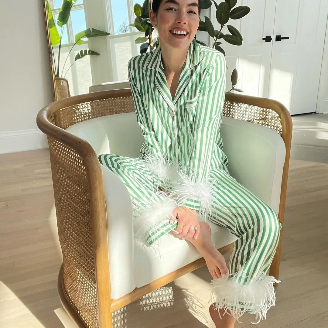 

Women Christmas Satin Pajamas Sets Cute Feather Long Sleeve Button Down Shirt and Pants Set Xmas 2 Piece Loungewear