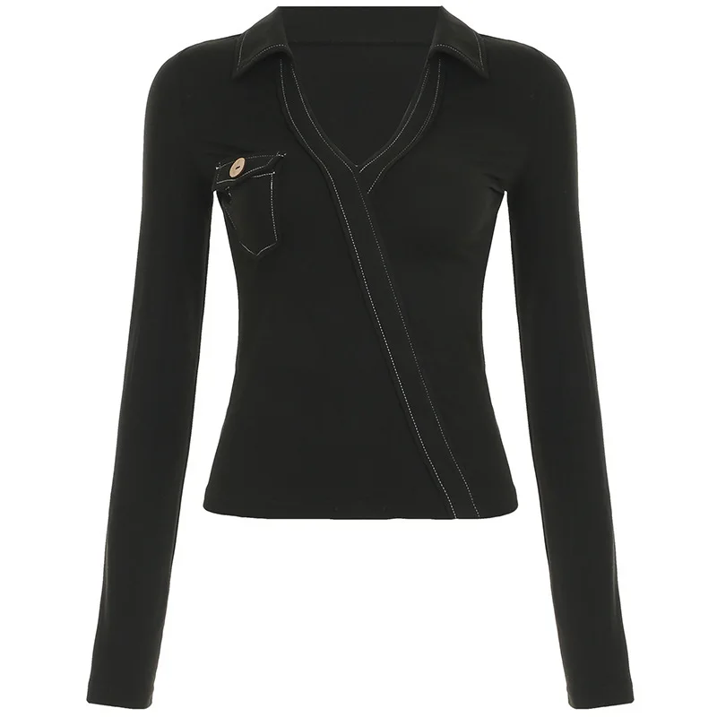 Niche American Style Workwear POLO Collar Slim Fit Long Sleeved T-Shirt With Contrasting Color And Visible Thread Casual Base