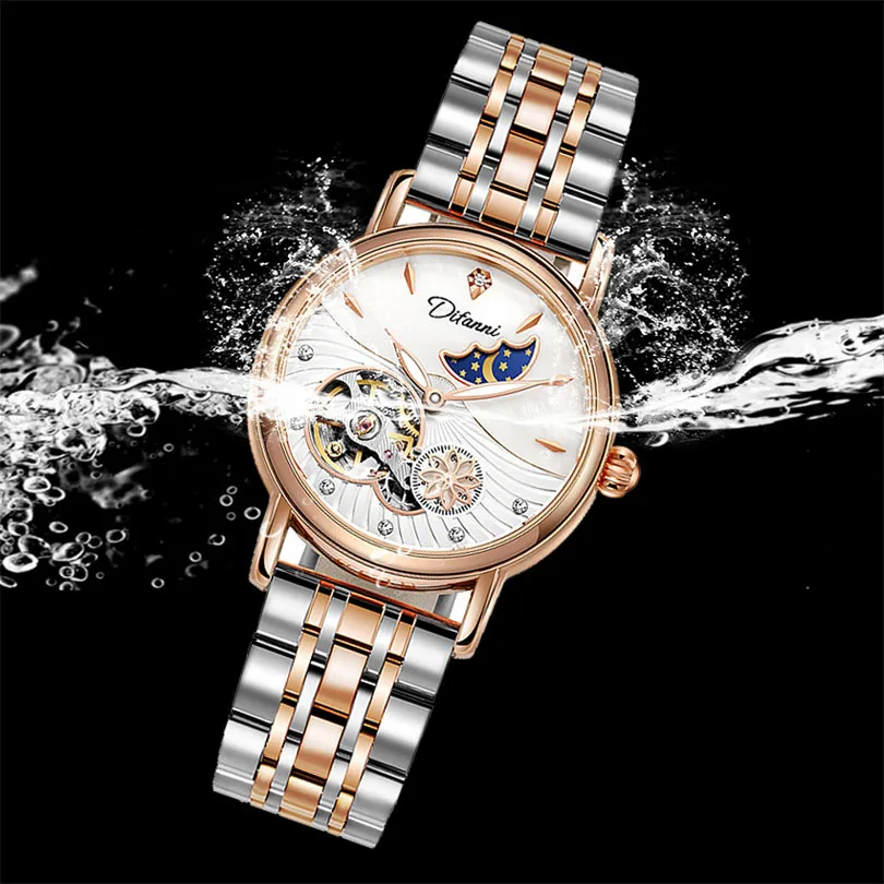 Difanni Rose Gold Watch Woman Stainless Steel Mechanical Wristwatch Luxury Auto Self-Wind Luminous Female Relogio For Women