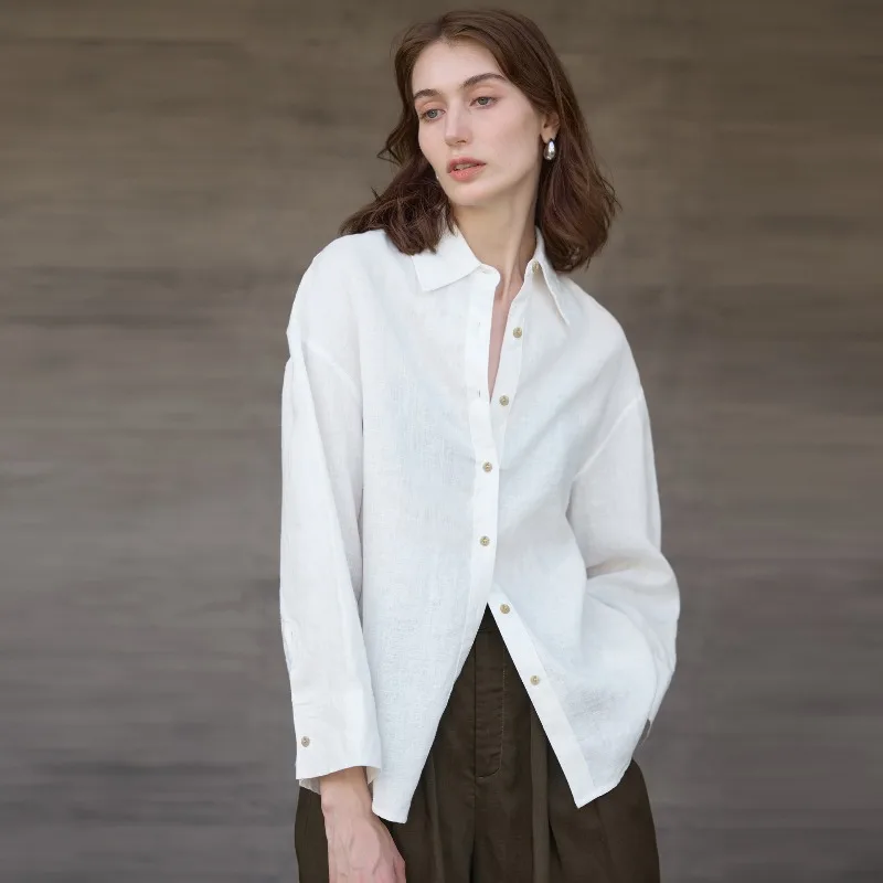 

100% Linen Shirts Loose White Solid Color Women's New Style Simple Long-sleeved Single-breasted Streetwear Casual Blouse Tops