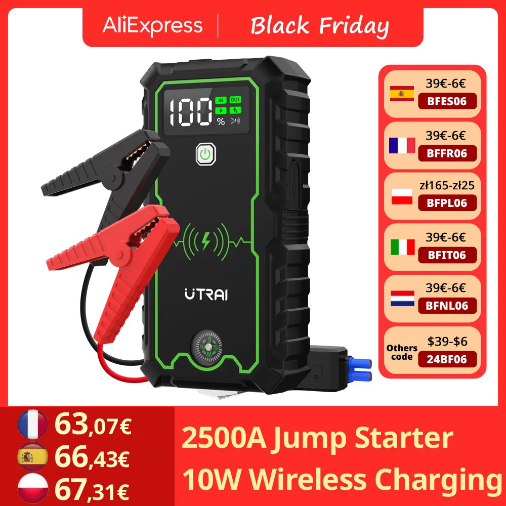 UTRAI 2500A Power Bank Car Jump Starter Portable Car Battery Emergency Booster 10W Wireless Charging 12V Auto Starting Device