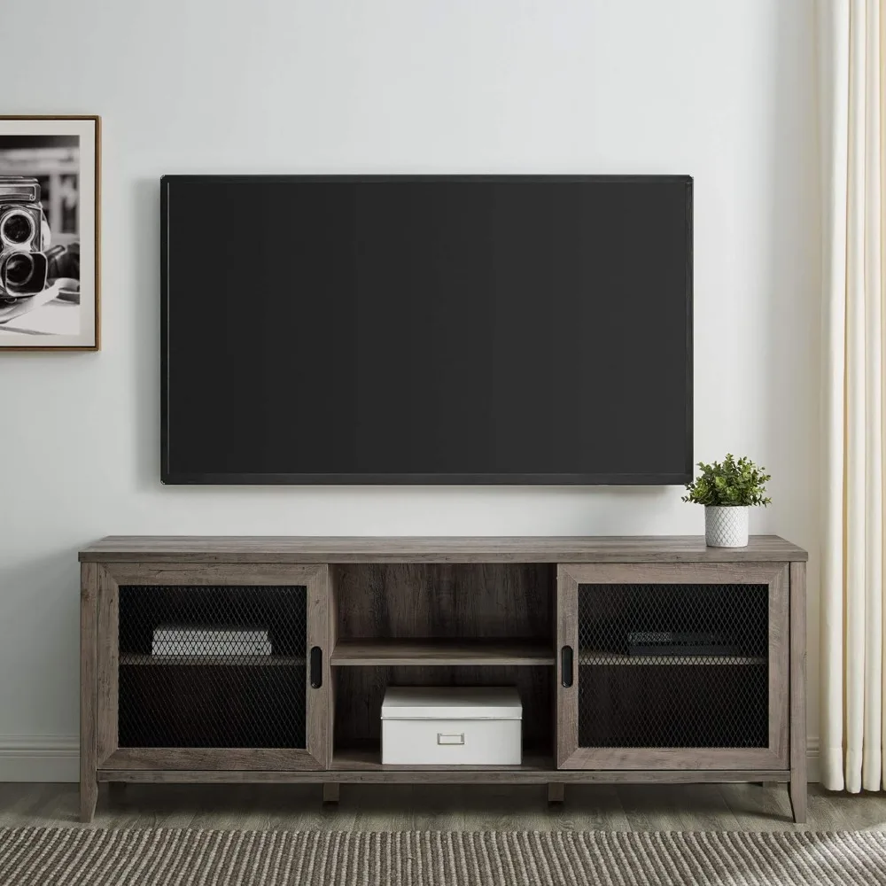 Industrial Farmhouse Sliding Metal Barn Door Wood TV Stand Storage Cabinet for TV's up to 80, 70 Inch, Grey view 2