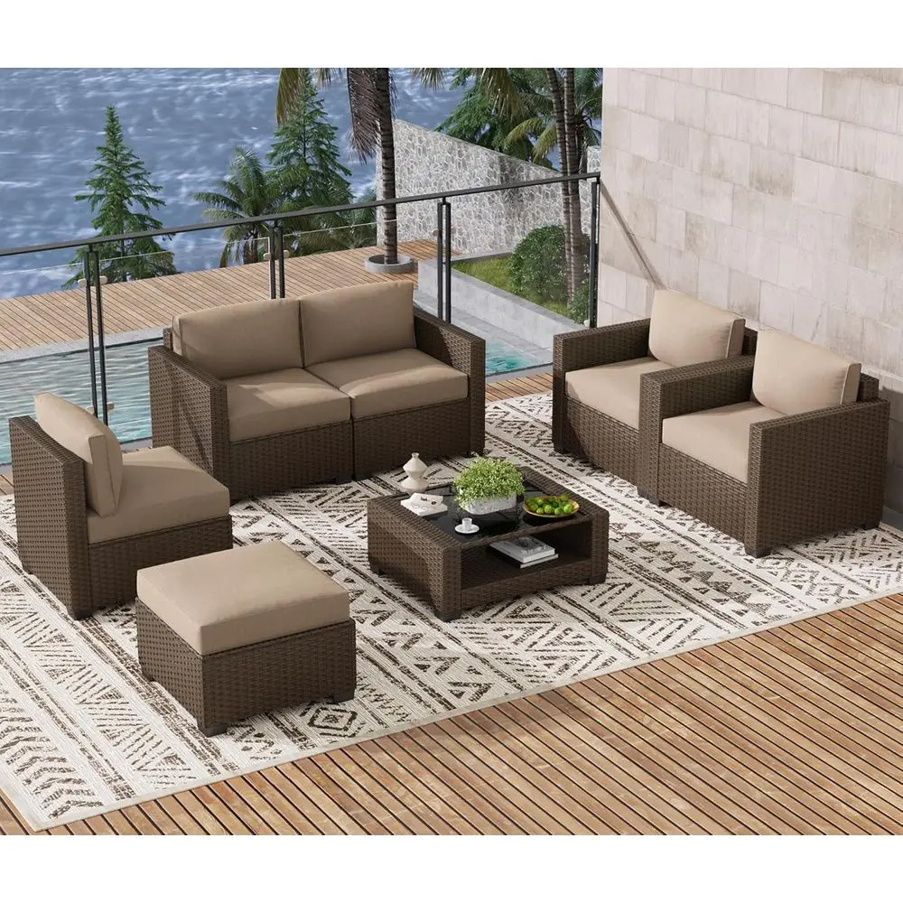 7-Piece Outdoor Patio Furniture Set with Rattan Chairs, Glass Table, Wicker Sectional Sofa and Cushions (Brown-Camel, 2-Layer Co