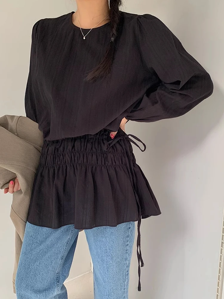 

Spring New Design Women's Long Sve Striped irt with Lace Hem Side Tie Korean Sle Loose Fit Commute Faion irt
