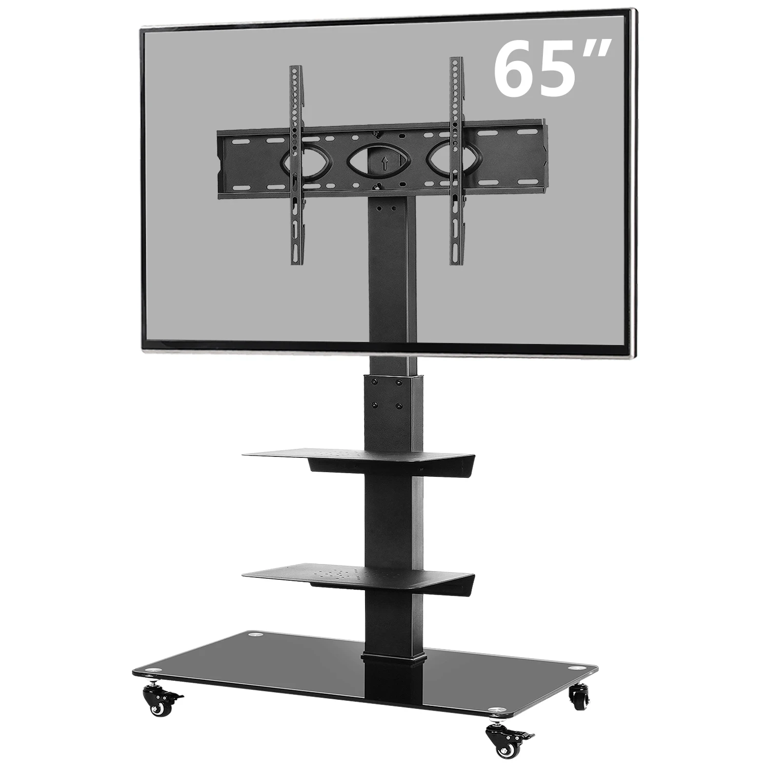 Black Floor TV Stand with Dual Metal Shelves and Tempered Glass Base for 32-65 TV MAX VESA 600X400