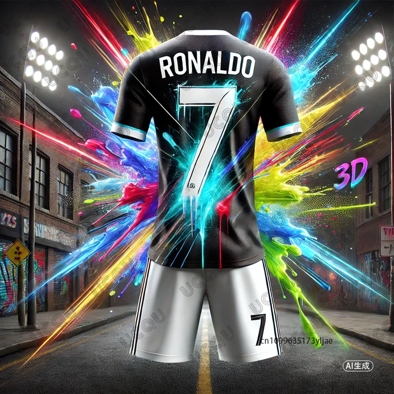 2025 تصميم Ai الجديد جرافيتي لكرة القدم جيرسي رونالدو # 7 تي شيرت + شورت مجموعات بدلة رياضية صيفية لتدريب الأطفال/الكبار مكونة من قطعتين #5