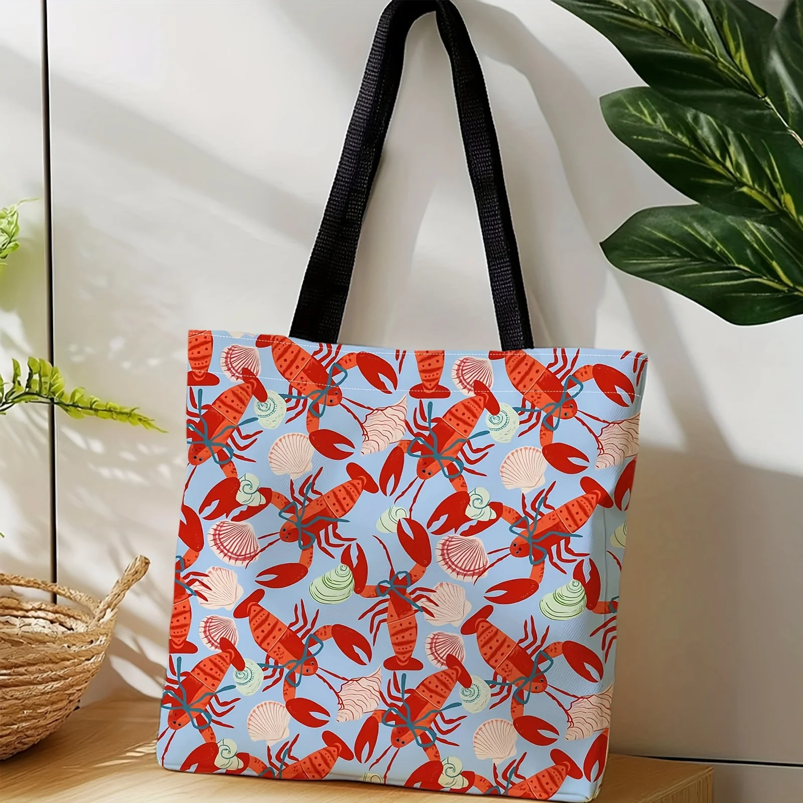 Lobster Seashell Print Tote Bag Canvas like Beach Bag Fixed Black Strap Red Green Lobster Pattern Turquoise Reusable Shopping