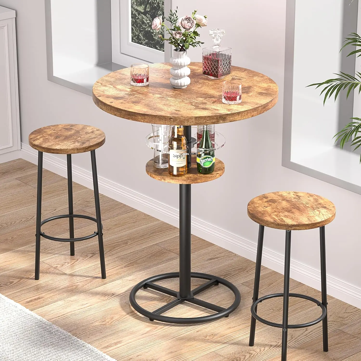 

3 Piece Bar Table And Chairs, Counter Height Bistro Pub Sets With 2 Barstools For Breakfast Nook, Small Space, Apartment,