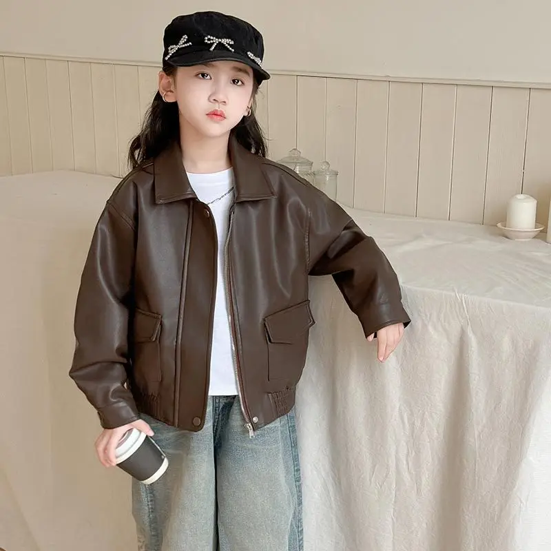 

PU Girl Leather Jacket Autumn Winter New Coat Fashion Short Style Leather Jacket Motorcycle Clothing Kawaii Children's Clothing