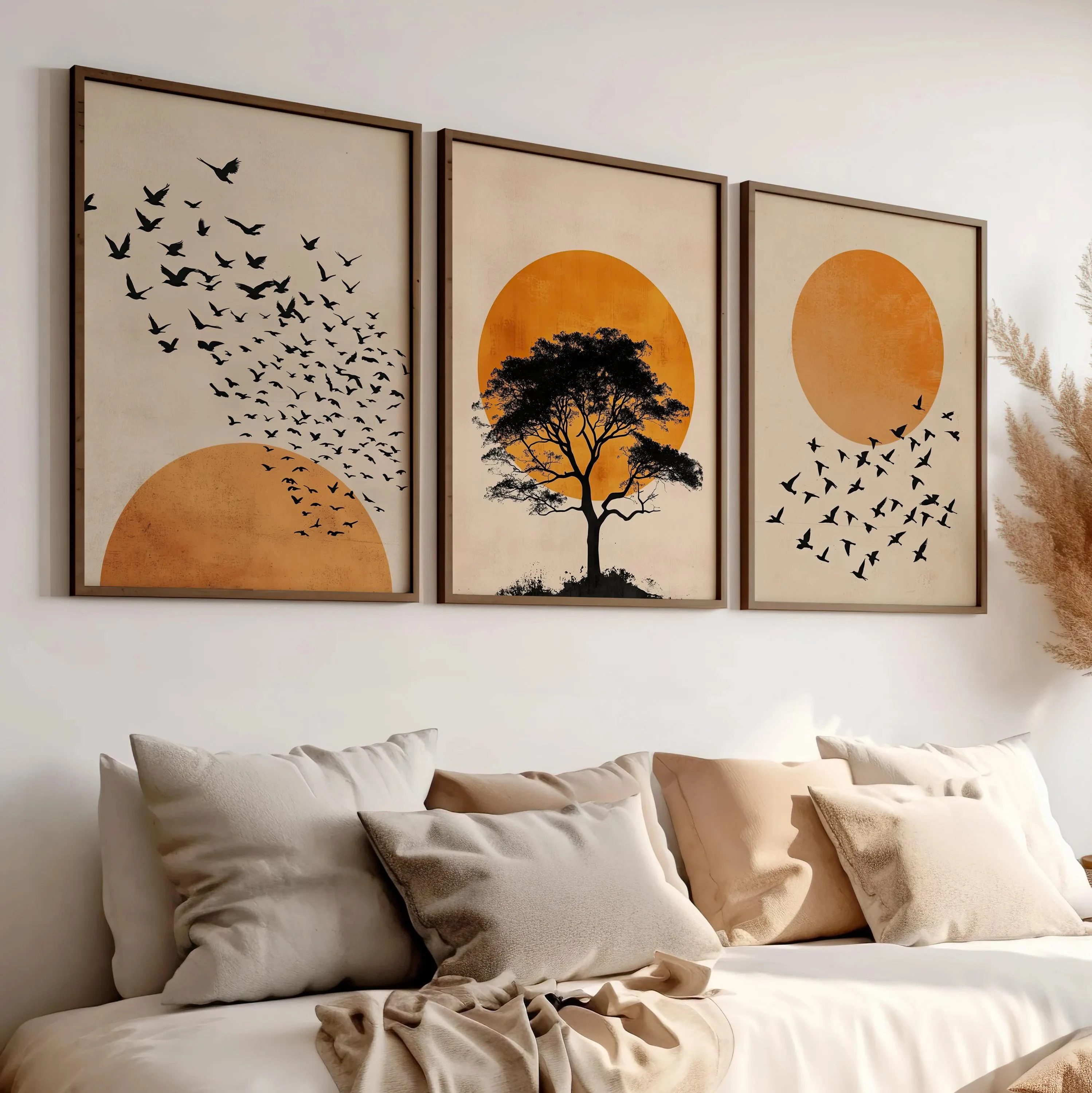 Sonnenschein 3-teiliges Set Japanische Wandkunst Poster oder Leinwanddruck, Boho Sonnenkunst, Japandi Wandkunst, Minimalistisches Kunstset, Japanisches Kunstwerk