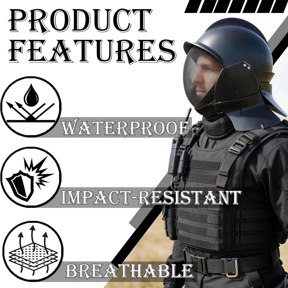 

Тактический фехтовальный шлем со стальной сетчатой маской и регулируемой защитой шеи для средневековых боевых тренировок и реконструкций SCA