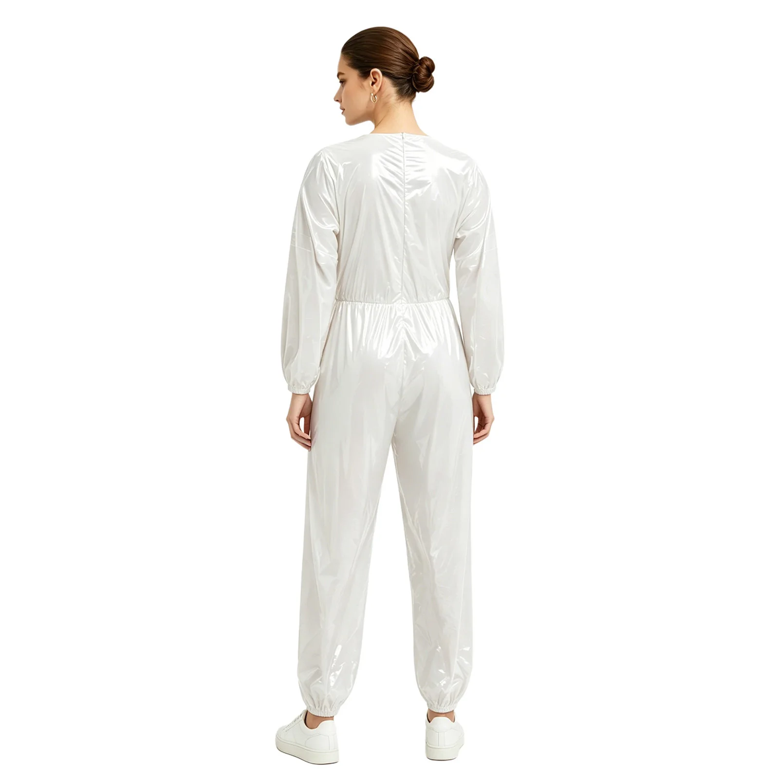 Women's Shiny Sauna Jumpsuit Sweat Track Suit Jumpsuit Khaki Unitard Bodysuit Waterproof Long Sleeve Bodysuit for Weight Loss