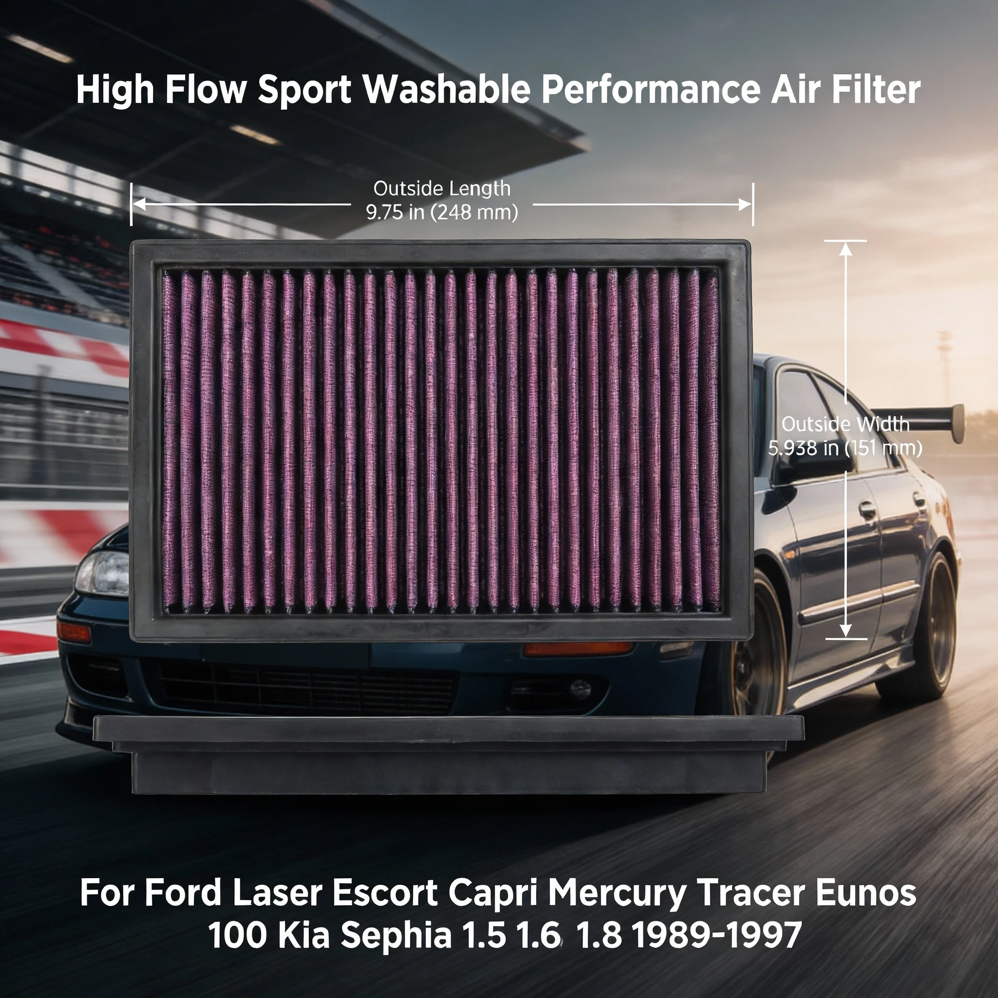 

For Ford Laser Escort Capri Mercury Tracer Eunos 100 Kia Sephia 1.5 1.6 1.8 1989-1997 High Flow Sport Washable Air Filter 332034