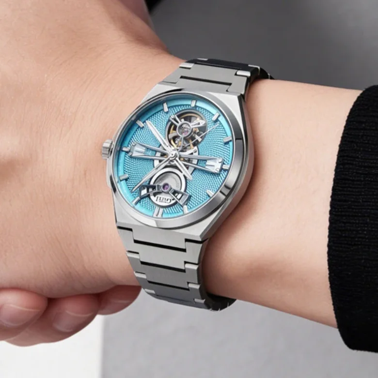 

BONEST GATTI Men Automatic Watch 40mm Mechanical Wristwatch 30M Waterproof Sapphire Mirror Luminous Skeleton Dial Steel Strap
