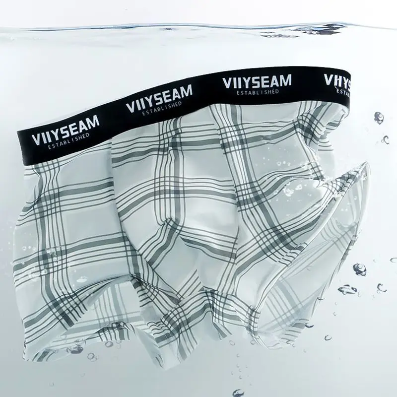 Ice Silk Smooth and Soft Briefs Men's Briefs Men's Quick-dry Boxers Thin Breathable New Plaid Print Stylish Ice Boxer Shorts