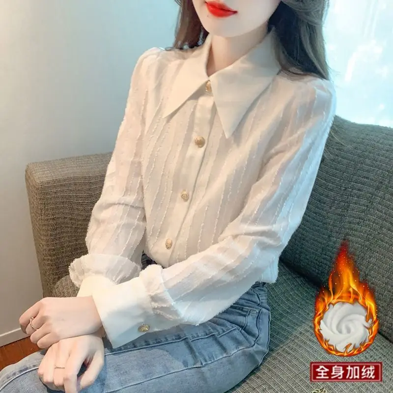 2026 Spring Autumn Women Longsleeve Shirt Office Lady Elegant White Base Shirt Blouse Winter Woman Warm Fleece Shirt