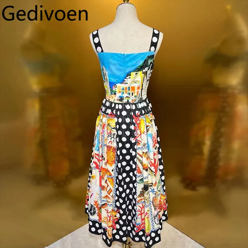 Gedivoen Summer Women's Beach Vacation Dress Cotton Square-Neck Spaghetti Strap Backless Print Button Pleated Dresses