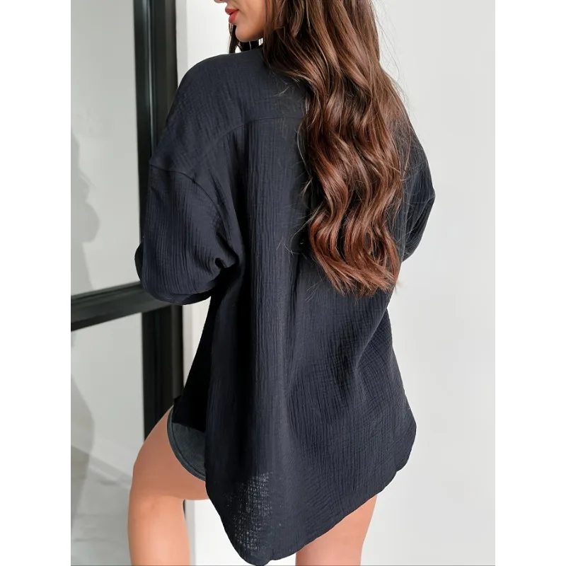 Plus Größe Neue Frauen Einfarbig Bluse Shirts Damen Casual Drehen Unten Kragen Langarm Top Büro Dame Elegant für Top