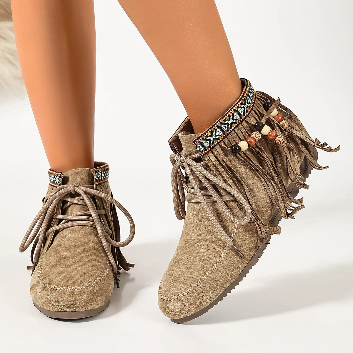 Botines de Mujer en Color Camel Claro con Borlas, Botas Cortas de Estilo Étnico, Suela Plana para Uso en Exteriores, Botines Cortos de Estilo Bohemio para Mujer