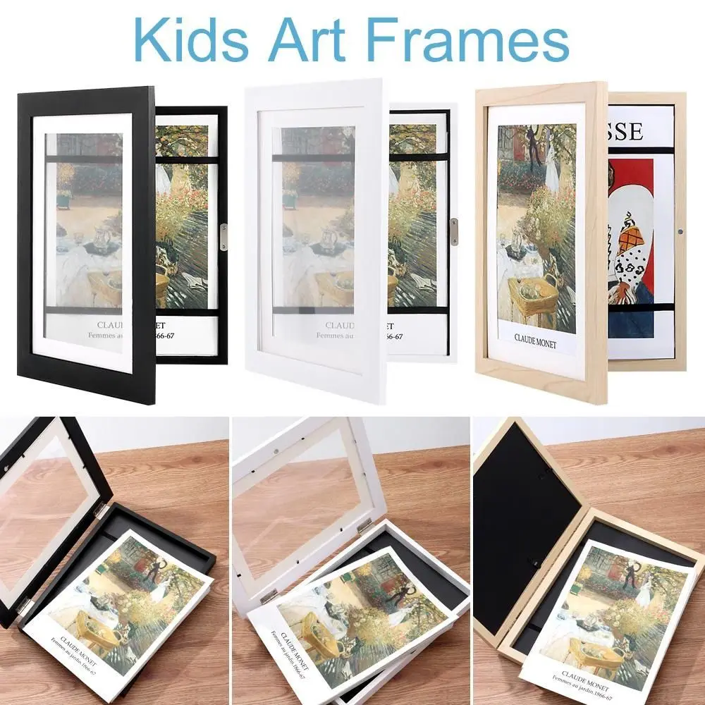 A4 Children Art Frames Front Opening Wooden Drawing Artwork Picture Frame Craft Changeable Drawing Portfolio Storage Box